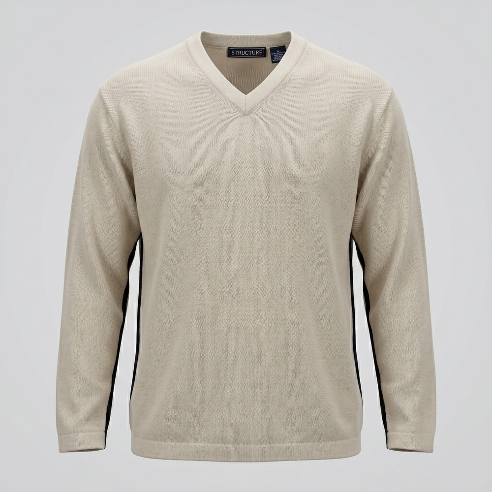 Structure Mens XL Beige Sweater Pullover V-Neck Side Stripe Cotton Knit Sporty